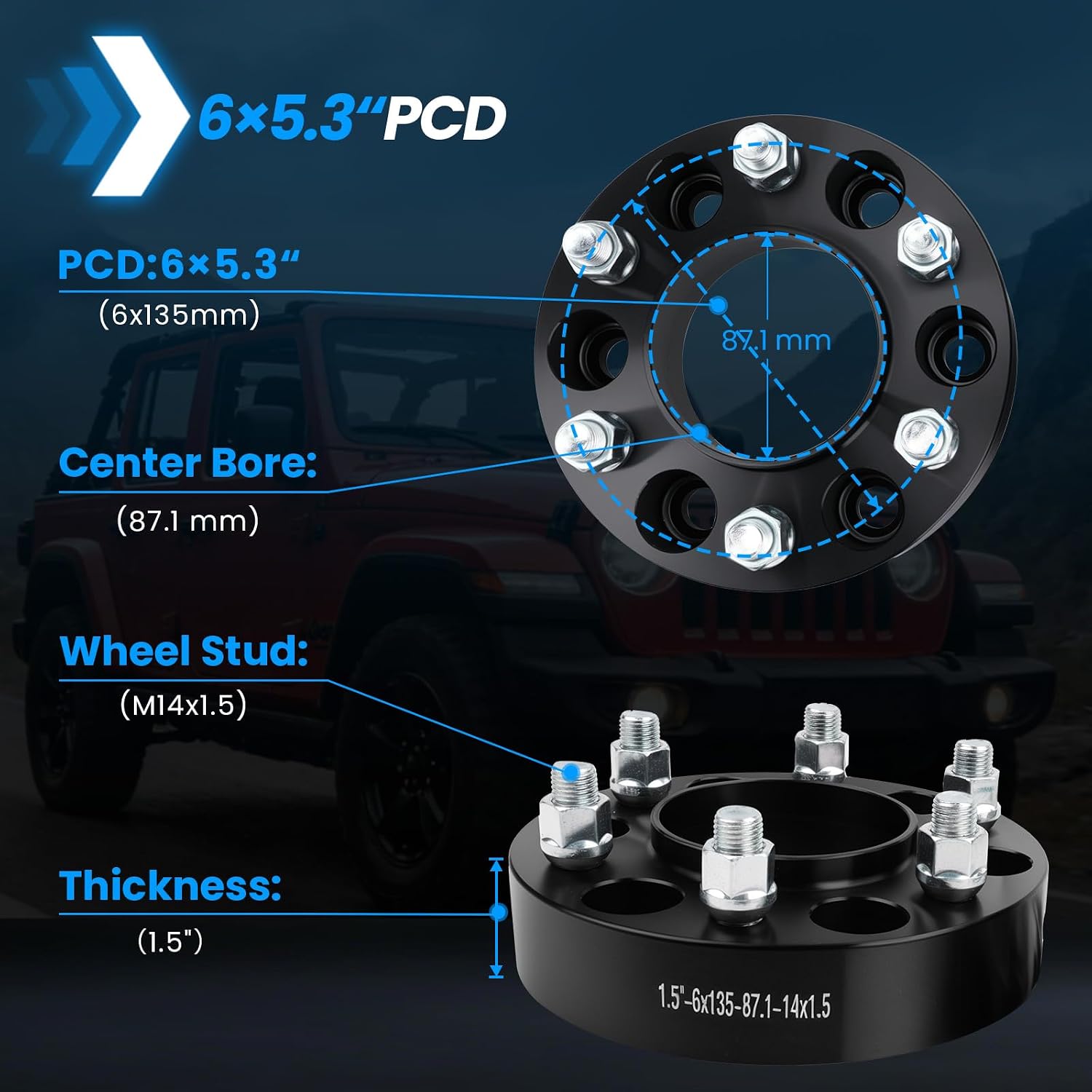 6x135 Wheel Spacers Hubcentric Real Forged Spacers Center Bore 87.1mm M14x1.5 Studs for 2015–2025 F-150, 1.5'(38.1mm) 2015–2025 Expedition, 2015–2025 Navigator/Lobo for 6 Lug Set of 4 Black