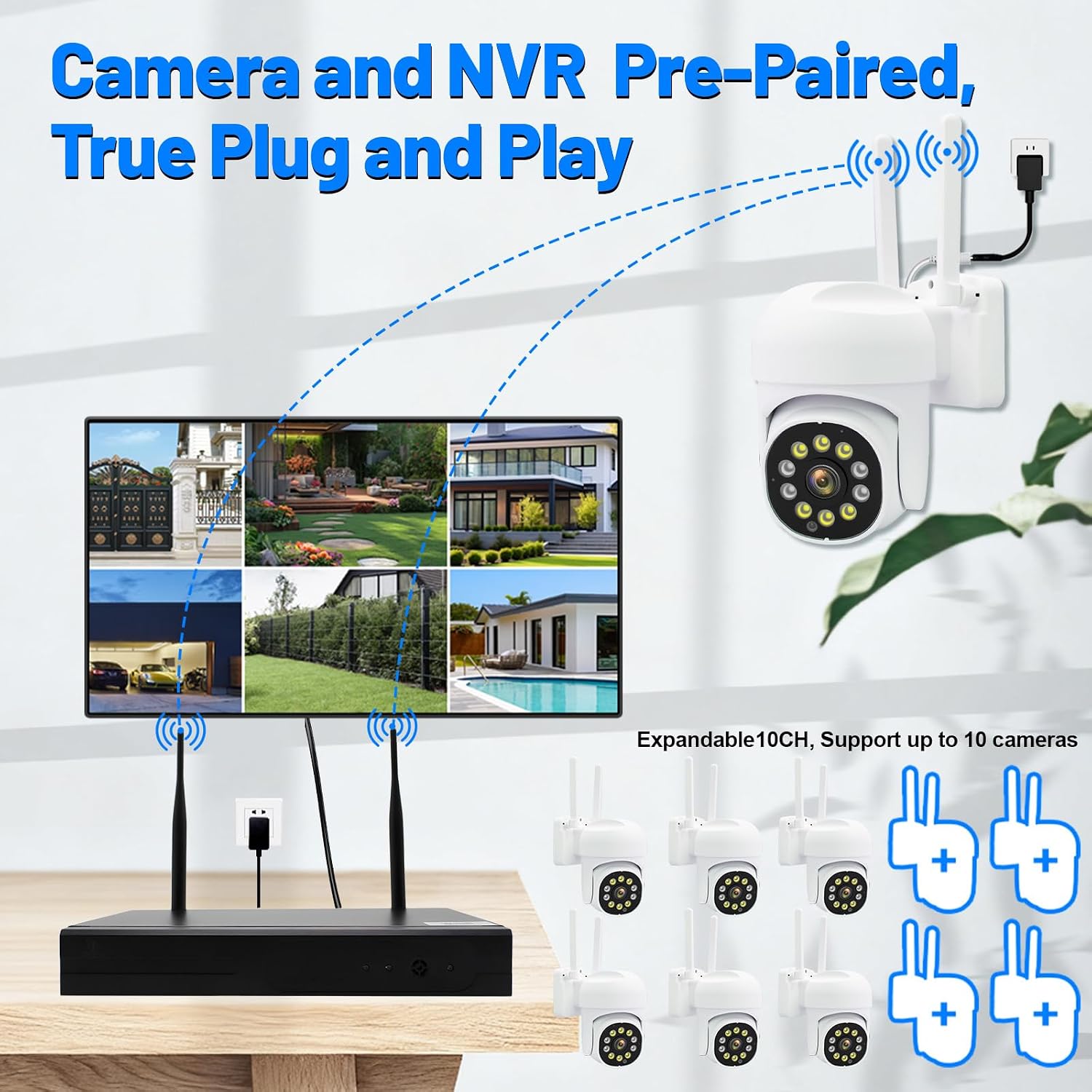 6-Cameras Wireless Outdoor Security System with 10CH NVR, 3MP HD Indoor CCTV AI Human Detection, 4 Night Vision, PTZ Control, 2-Way Audio, 1TB HDD, No Monthly Fee for Home Surveillance