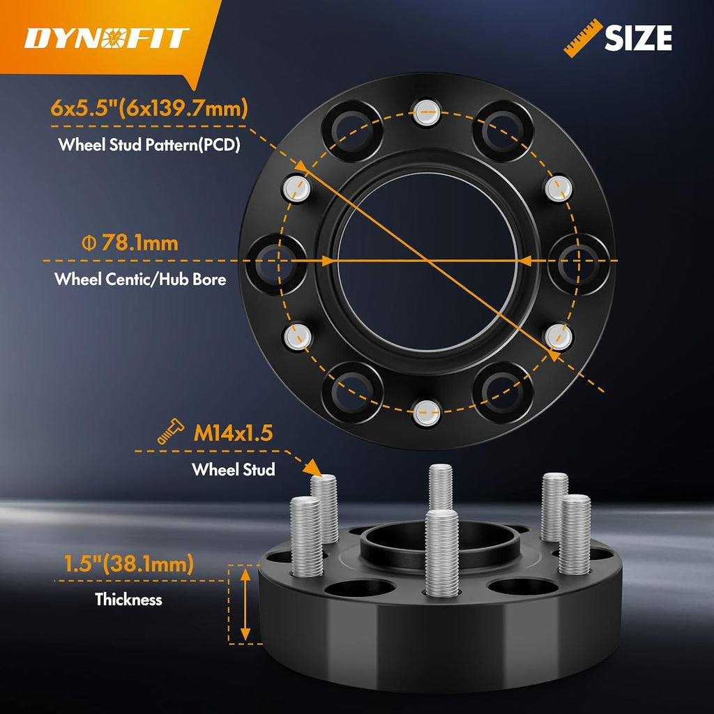 Dynofit 1.5' Wheel Spacers 6x5.5 for Silverado/Sierra, 78.1mm Bore, M14x1.5 Studs | 4-Pack 6x139.7 Forged Hubcentric Spacers for GMC Sierra/Yukon, Chevy Tahoe/Suburban, Cadillac Escalade 6-Lug GM Truck