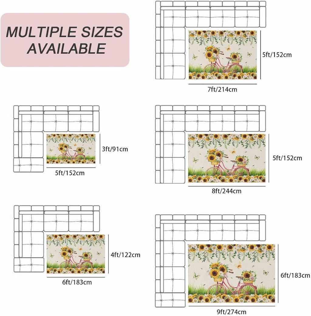 Spring Outdoor Rug for Patio/Deck/Porch, Non-Slip Large Area Rug 4 x 6 Ft, Bicycles Botanical Sunflowers Leaves Butterfly Indoor Outdoor Rugs Washable Area Rugs, Reversible Camping Rug Carpet Runner