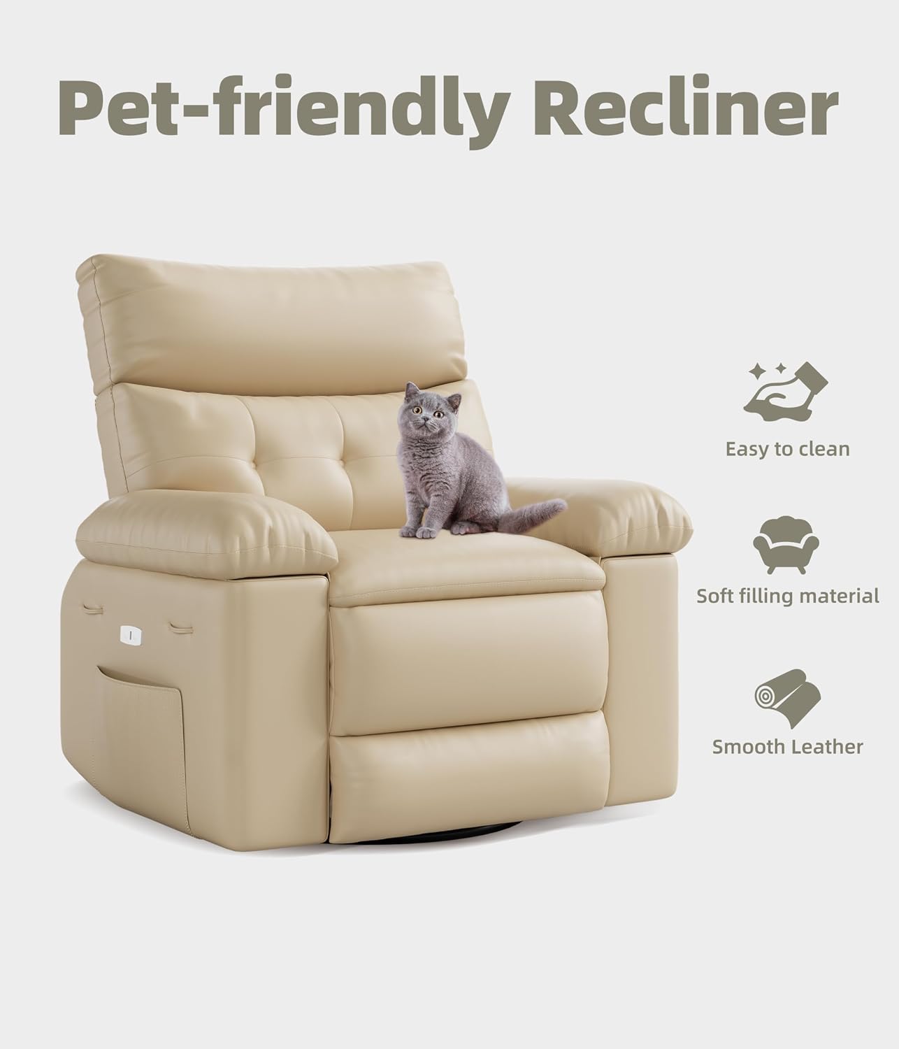 Oversized Recliner Chair with Heating & Massage, XL Faux Leather Nursery Rocking Chairs for Adults with Cup Holder and Side Pockets, Swivel Chair for Living Room, Bedroom Beige