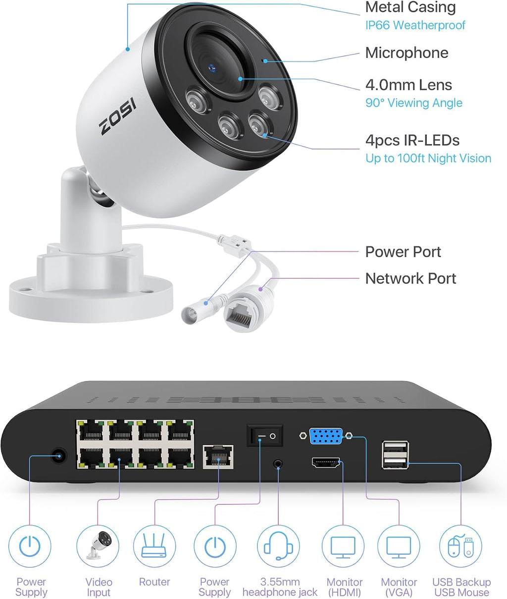 ZOSI 5MP Security Camera System with Audio, 4pcs 4MP Wired Outdoor Indoor PoE Cameras, Smart Person Vehicle Detection, 100ft Night Vision, H.265+ 8CH CCTV NVR for Home, No Monthly Fee (NO Hard Drive)