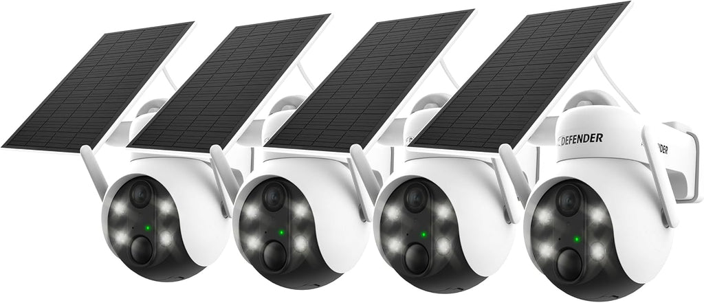 Defender Solar Powered 4K/8MP AI Everwatch PTZ Wireless Outdoor Security Camera, 4 Pack, Battery Powered, AI Tracking, Color Night Vision, Spotlight/Siren, IP65 Rated, Two-Way Talk, No Monthly Fees