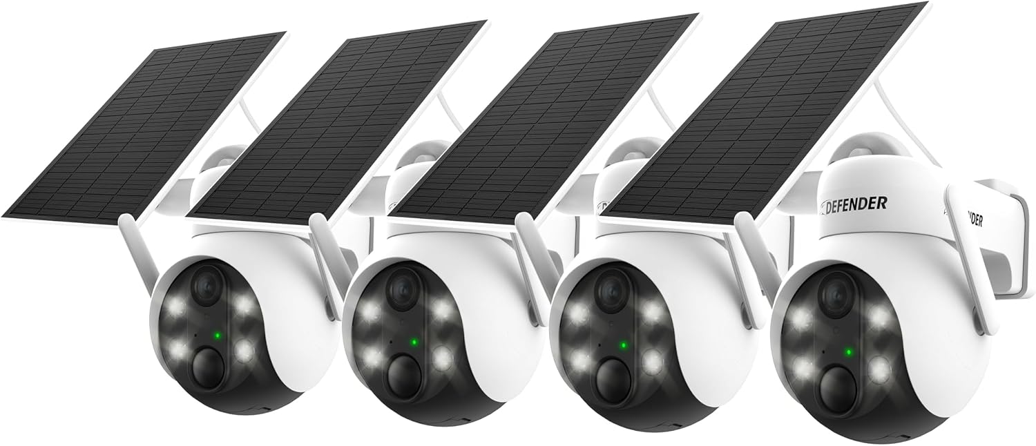 Defender Solar Powered 4K/8MP AI Everwatch PTZ Wireless Outdoor Security Camera, 4 Pack, Battery Powered, AI Tracking, Color Night Vision, Spotlight/Siren, IP65 Rated, Two-Way Talk, No Monthly Fees