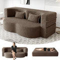 78' Full Size Convertible Folding Sofa Bed, Modern Teddy Fabric Futon Sofa Bed with 2 Pillows, Foam Mattress Futon Loveseat Couch, No Assembly Floor Couches for Living Room, Playroom, Apartment, Brown