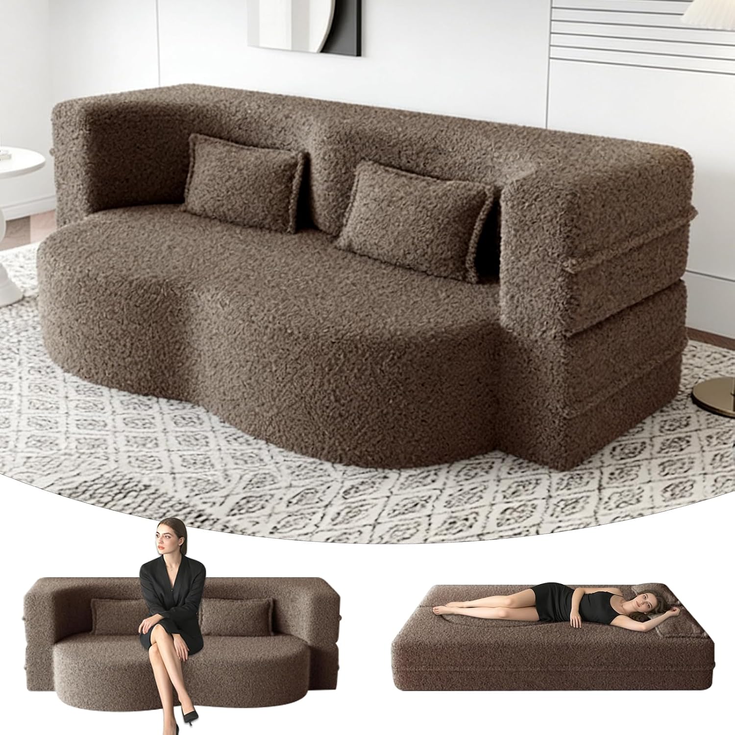 78' Full Size Convertible Folding Sofa Bed, Modern Teddy Fabric Futon Sofa Bed with 2 Pillows, Foam Mattress Futon Loveseat Couch, No Assembly Floor Couches for Living Room, Playroom, Apartment, Brown