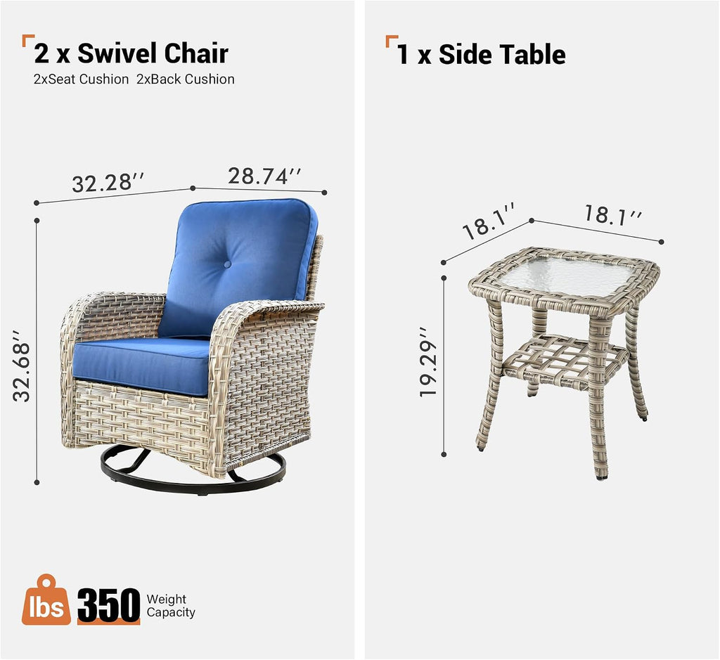 ovios Outdoor Swivel Rocking Chair Set of 3 with Coffee Table, Patio Wicker Rocker with Comfortable Thicken Deep Seating, Comfy Rattan Glider Chairs for Porch Deck Balcony Garden Backyard, Navy Blue