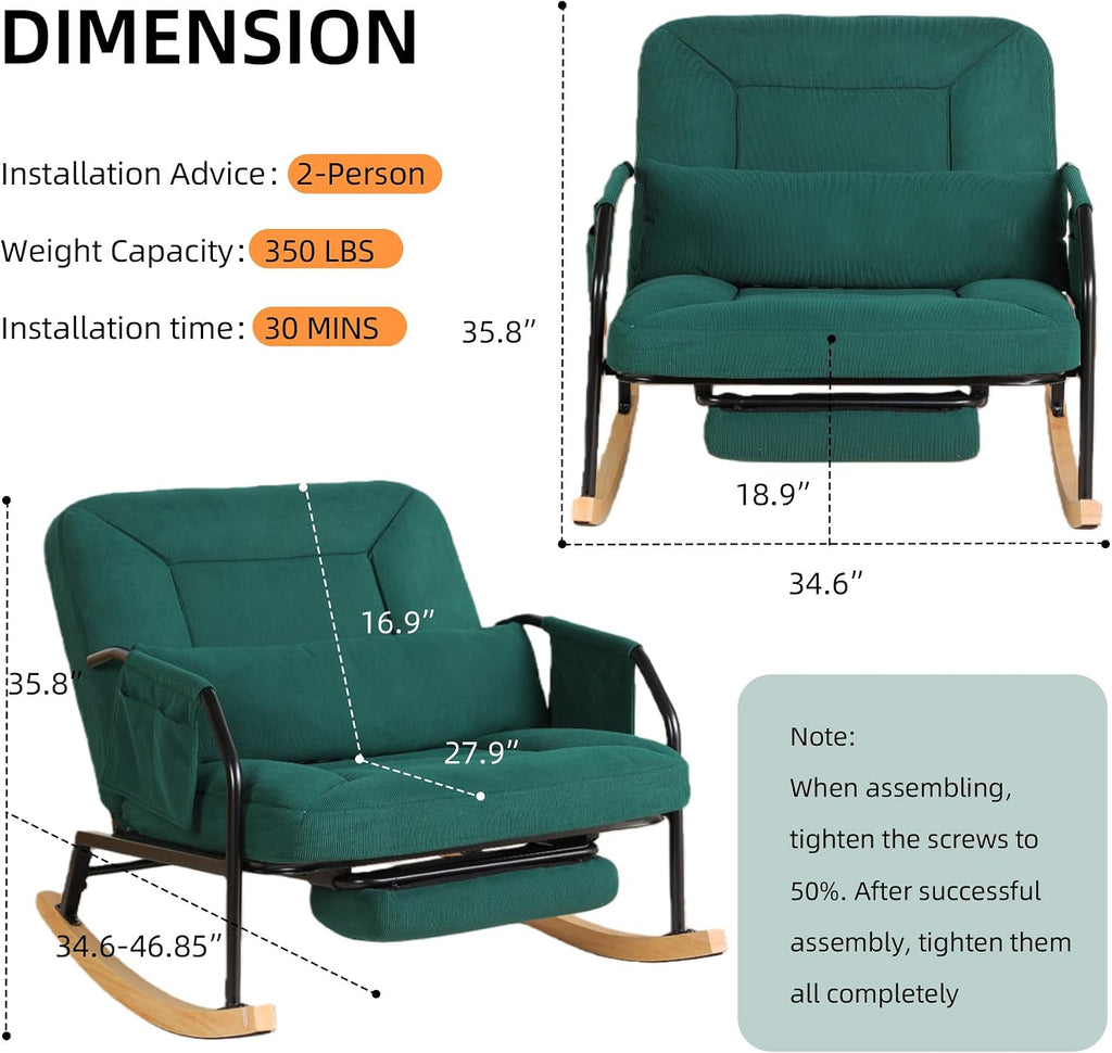 Oversized Rocking Chair, Extra-Wide Glider Patio Rocker Chairs with Foot Rest, Padded Cushion, Adjustable Backrest, Mental Wooden Farm, Indoor/Outdoor Living Room Bedroom Balcony Porch, Green