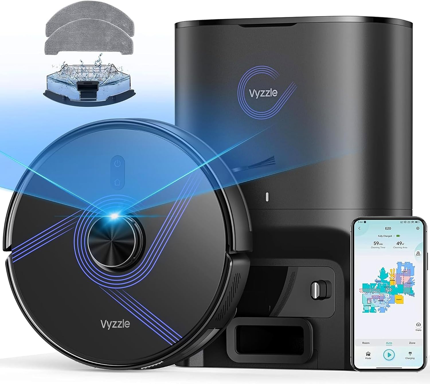 Vyzzle Robot Vacuum and Mop, 4-in-1 Robotic Vacuum Cleaner with Self-Emptying Base, 8000Pa Vacuum Robot with LiDAR Navigation, 60 Days Capacity, Ideal for Pet Hair, Hard Floors, Carpet, E20