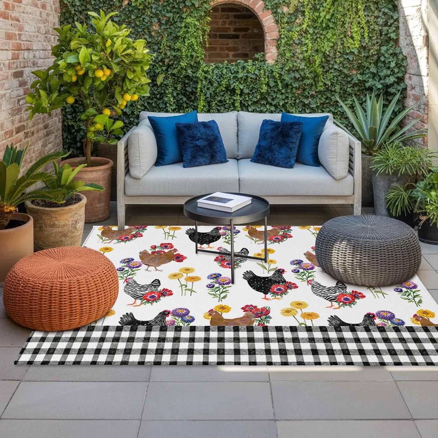 Farmhouse Rooster Outdoor Rug for Patio/Deck/Porch, Non-Slip Large Area Rug 4 x 6 Ft, Country Watercolor Flowers Black Plaid Indoor Outdoor Rugs Washable Area Rugs, Camping Rug Carpet Runner