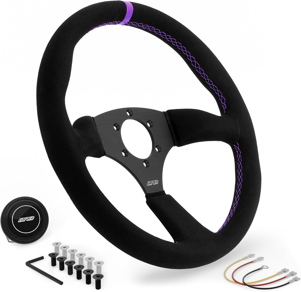 DND Performance Interior's Suede Touring Steering Wheel / 350mm Diameter and 50mm Depth / 6x70mm Bolt Pattern/DND Suede Touring Wheel with Horn Button Included (Colored Stitching) (Purple)