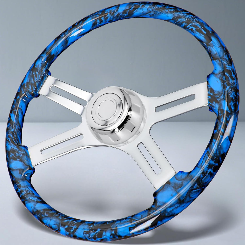 Sorghum 18' Solid Wood Steering Wheel - Hydrographic Blue Skulls 4 Spokes Aluminum Chrome Steering Wheel with Horn Button for Trucks Compatible with Mack Kenworth Peterbilt Volvo Freightliner