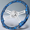 Sorghum 18' Solid Wood Steering Wheel - Hydrographic Blue Skulls 4 Spokes Aluminum Chrome Steering Wheel with Horn Button for Trucks Compatible with Mack Kenworth Peterbilt Volvo Freightliner
