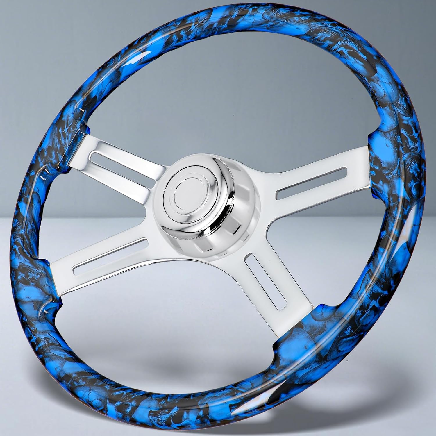 Sorghum 18' Solid Wood Steering Wheel - Hydrographic Blue Skulls 4 Spokes Aluminum Chrome Steering Wheel with Horn Button for Trucks Compatible with Mack Kenworth Peterbilt Volvo Freightliner