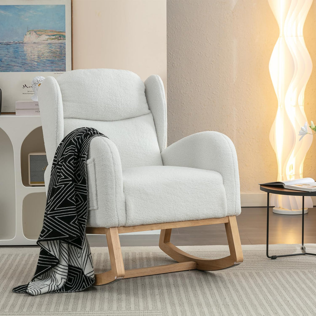 Cloud Rocking Chair Nursery, Comfy Glider Nursery Chair with Foot Rest, Upholstered Rocker, Modern Accent Reading Armchair with Solid Wood Base for Living Room, Bedroom (40' Ivory)