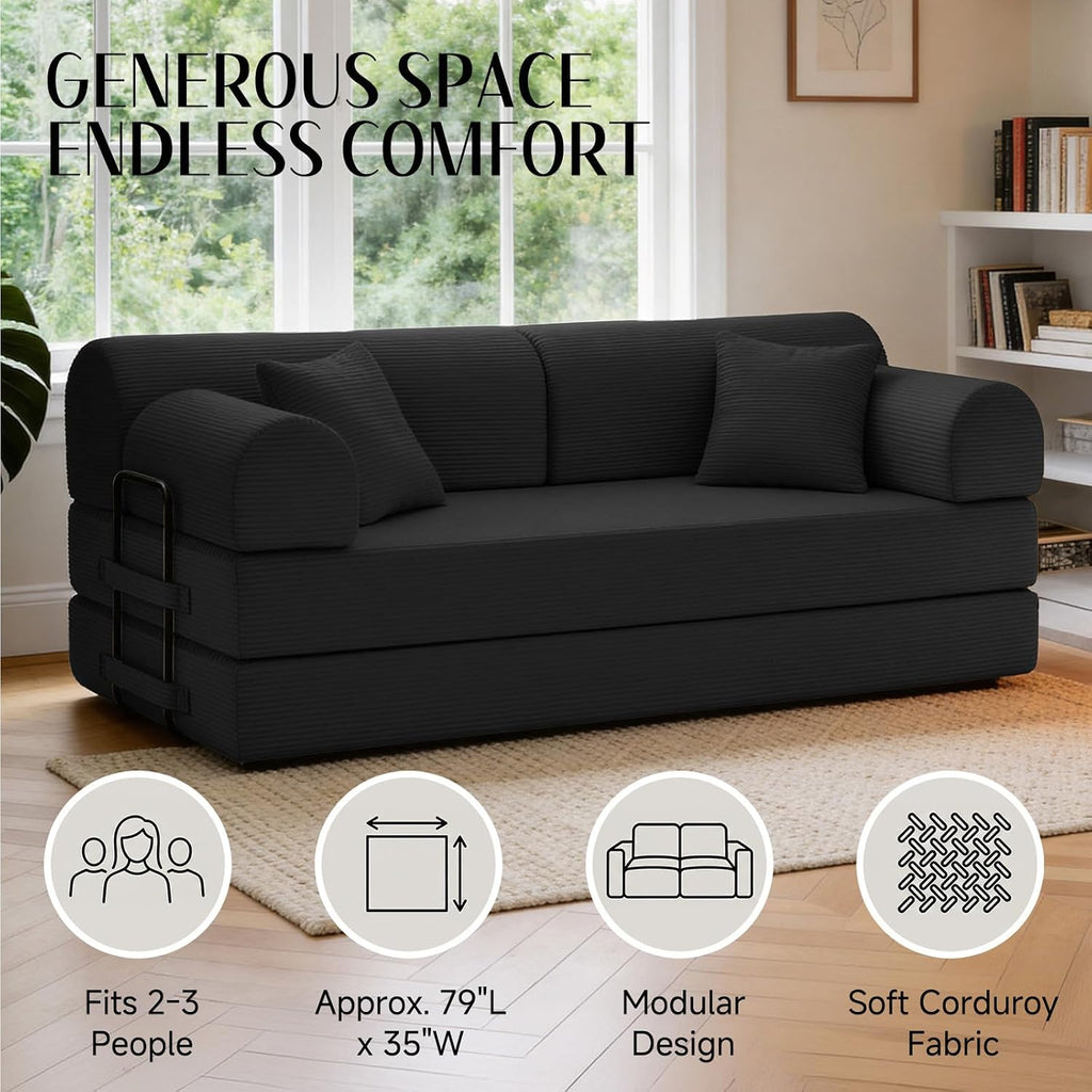 79'' Convertible Sofa Bed, 6 in 1 Folding Floor Futon Couch Sleeper with Fixed Frame, Corduroy Modular Sofa Bed with Removable Armrests & Pillows, No Assembly for Living Room Bedroom (Black)