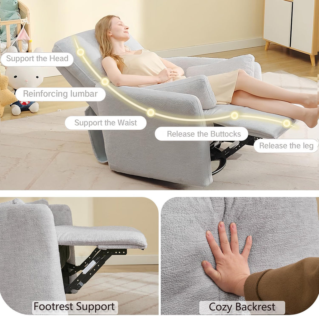 Power Rocker Swivel Recliner Chair for Adults, 26' Extra Wide Glider Reclining Nursery Chair w/USB & Type-C Charger Rocking Chairs for Living Room Bedroom Grey