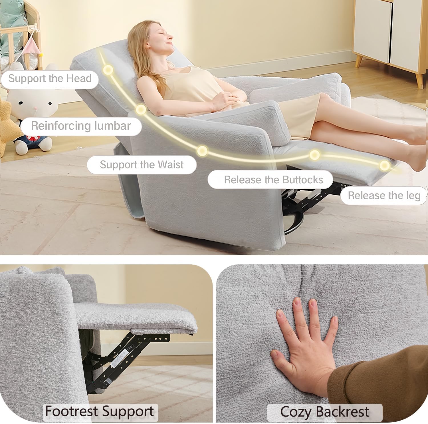 Power Rocker Swivel Recliner Chair for Adults, 26' Extra Wide Glider Reclining Nursery Chair w/USB & Type-C Charger Rocking Chairs for Living Room Bedroom Grey