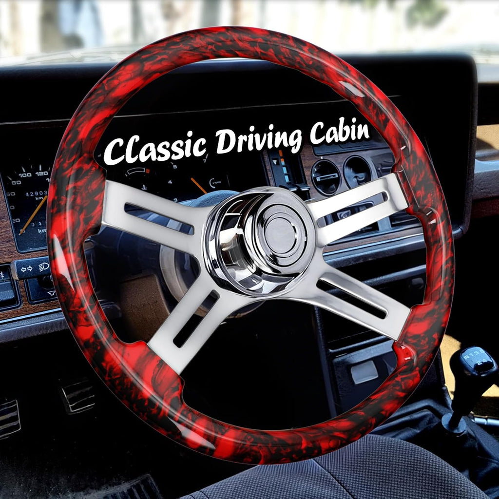 Sorghum 18' Solid Wood Steering Wheel - Hydrographic Red Skulls 4 Spokes Aluminum Chrome Steering Wheel with Horn Button for Trucks Compatible with Mack Kenworth Peterbilt Volvo Freightliner