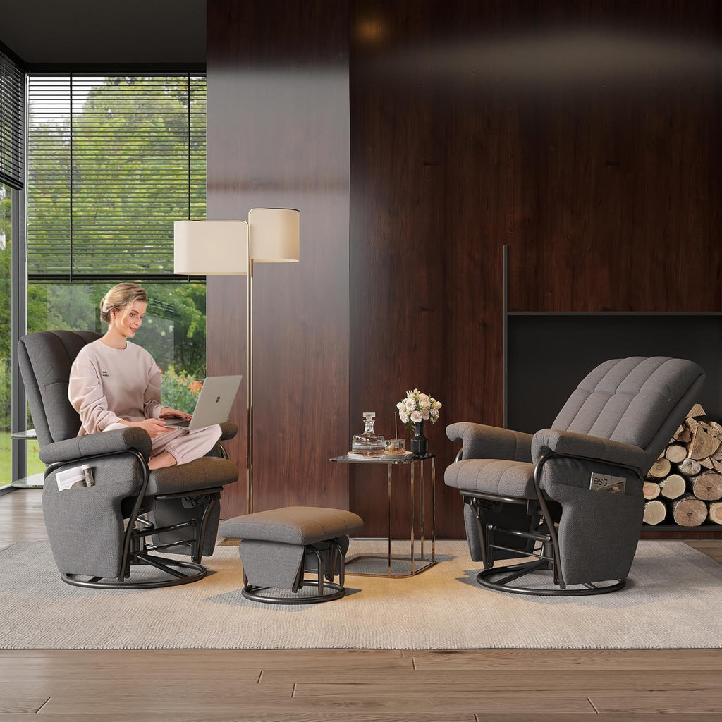 JIASTING 360° Swivel Recliner Chair with Ottoman & Double Side Pockets, Nursing Glider Rocking Recliner Chair, Gliding Chairs for Nursery, Living Room, Bedroom, Office (Gray)