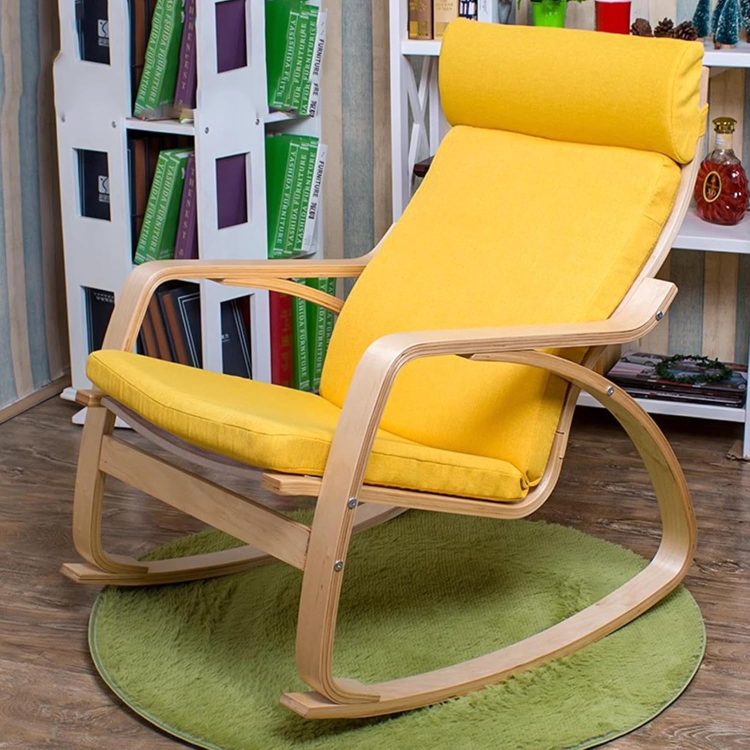 Rocking Chair Indoor, Glider Rocking Chair with High Backrest, Modern Accent Chair Nursery Chair with Wood Legs, Comfy Armchair Rocking Chairs for Living Room, Bedroom, Offices,Yellow a