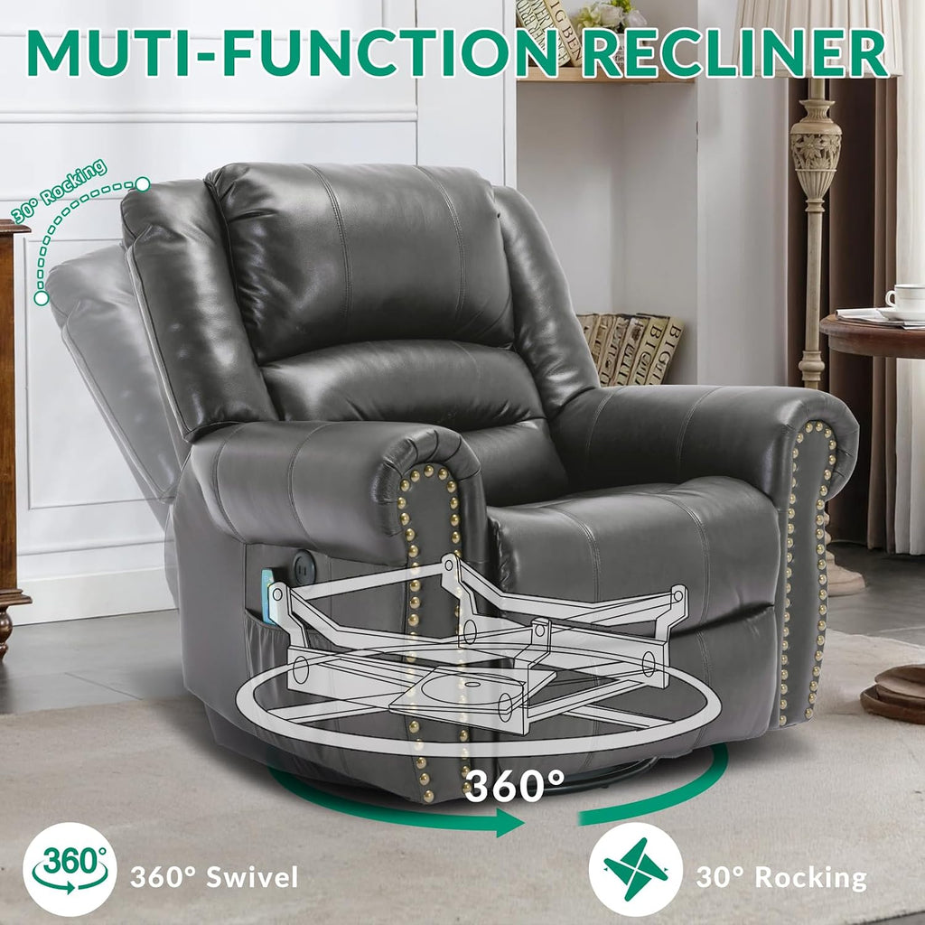 VIVIJASON Massage Swivel Rocker Recliner Chair with Heat & Vibration, 360° Swivel Manual Glider Rocking Reclining Chair with Remote Control, Side Pockets & USB Ports for Living Room, Gray