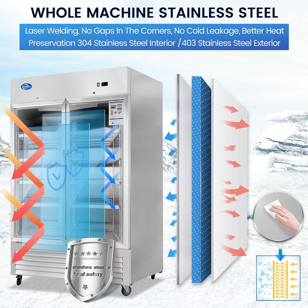 49 Cu.Ft Commercial Beverage Refrigerator, Glass Door Drink Fridge with LED Light, 8 Adjustable Shelves, Lockable Upright Merchandiser for Restaurant, Supermarket, Gym, Cafe