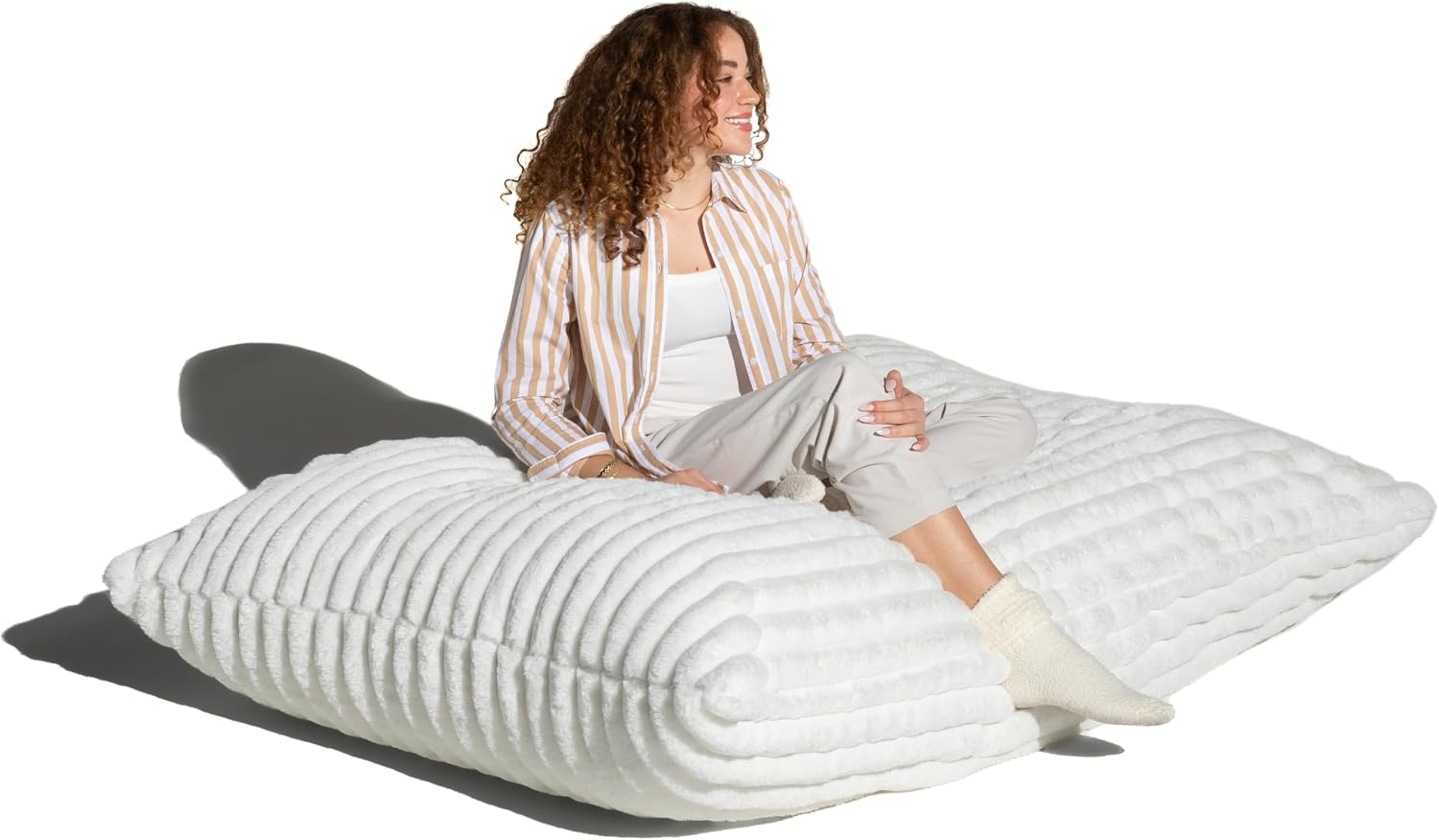 Pillow Saxx Bean Bag Rocking Chair - Elegant Oversized Rocker with Modern Wood Frame, Mondo Fur Ivory
