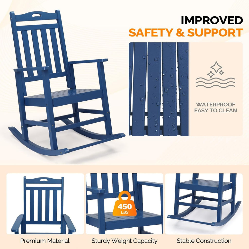 VINGLI Outdoor Rocking Chair with Footrest, Wooden Rocking Chair with 450 LBS Weight Capacity, Patio Rocker with Comfortable Backrest for Garden, Yard (Navy Blue, 2PCS)