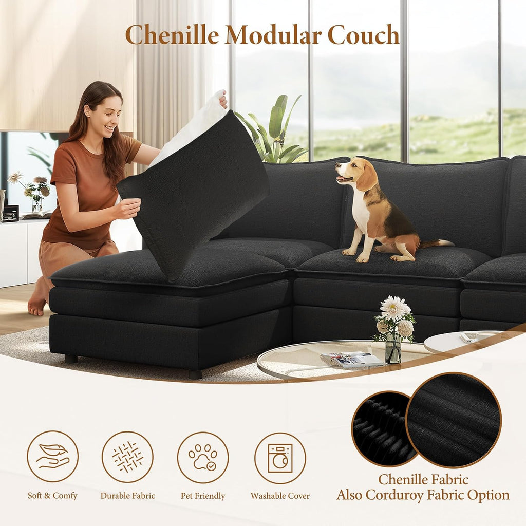 Vesgantti Large Modular Sectional Sofa, Big Comfy Cloud Couch with Ottoman Deep Seat Chenille Cloud Sofa, 8 Seater Large Sectional Couches for Living Room, Bedroom and Apartment, Black
