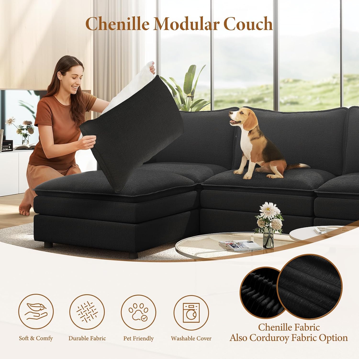 Vesgantti Large Modular Sectional Sofa, Big Comfy Cloud Couch with Ottoman Deep Seat Chenille Cloud Sofa, 8 Seater Large Sectional Couches for Living Room, Bedroom and Apartment, Black