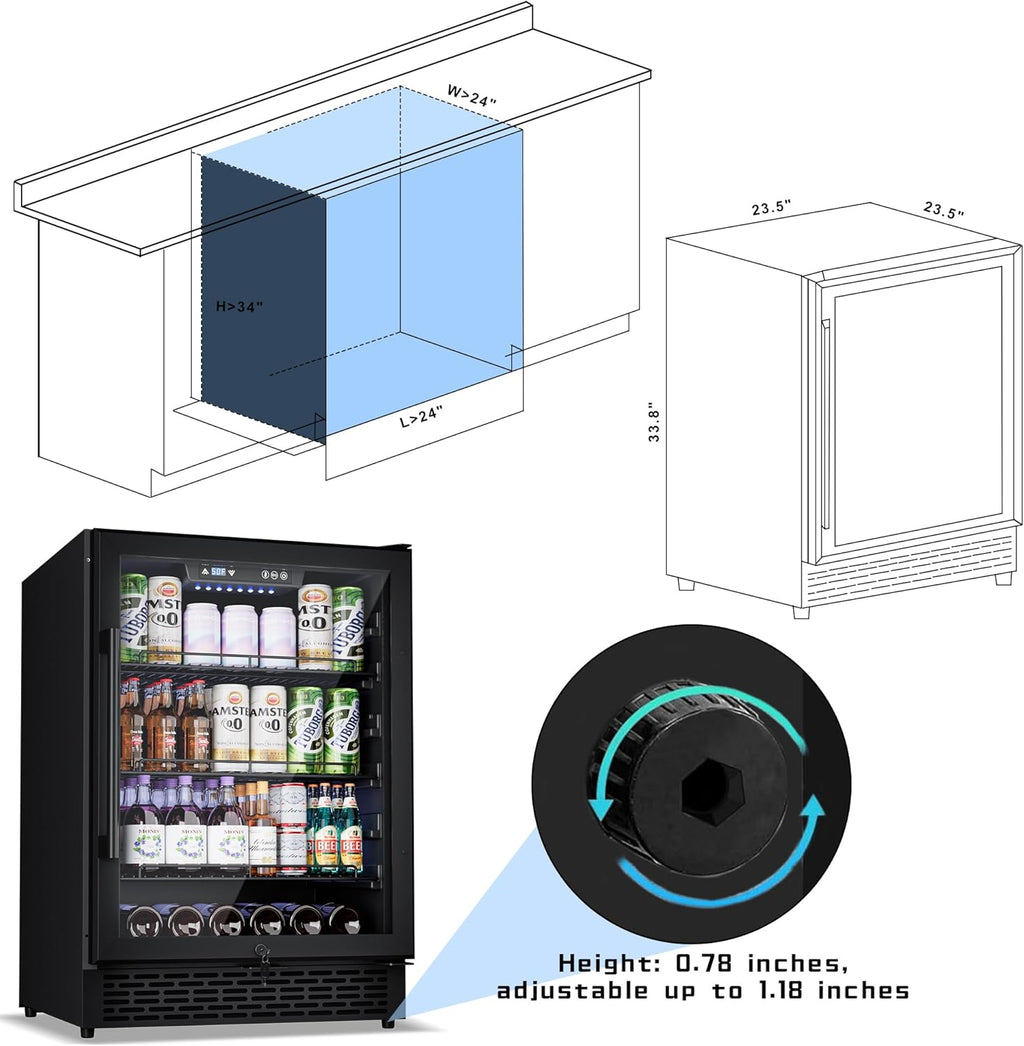 24-Inch Beverage Refrigerator, 200-Can Glass Door Cooler with Adjustable Shelves, Quiet Cooling, Freestanding or Under-Counter – Compatible with Beer, Soda, Wine, Milk, Suita