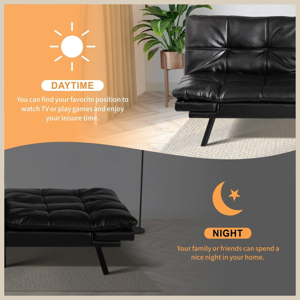 71' Futon Sofa Bed, Modern Convertible Loveseat Sleeper, Faux Leather Couch with Adjustable Back & Arms for Small Spaces, Office & Apartment - Ebony