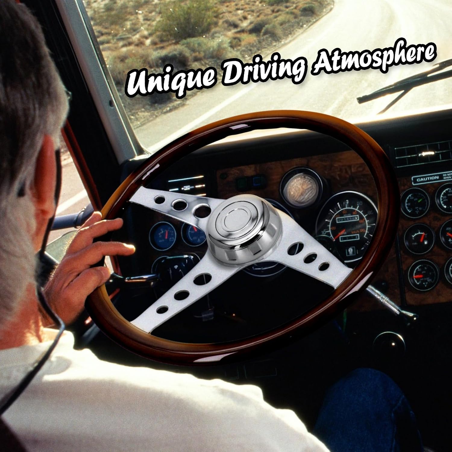 Sorghum 18' Solid Wood Steering Wheel - 3 Spokes Aluminum Chrome Classic Steering Wheel with Horn Button for Trucks Compatible with Mack Kenworth Peterbilt Volvo Freightliner-Round Hollow Style