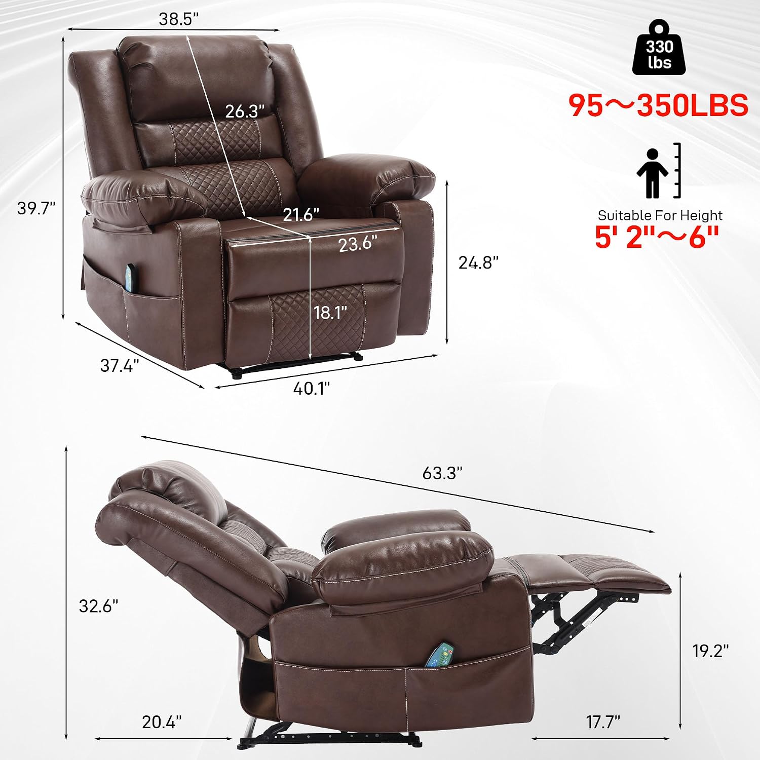 Massage Chair Recliner with Heat,Comfotable Lazy Boy Recliner Chair with 2 Side Pockets,Manual Recliners Chairs for Adults,Oversized Recliners Chairs for Big and Tall Man,Heavy Duty,PU Leather