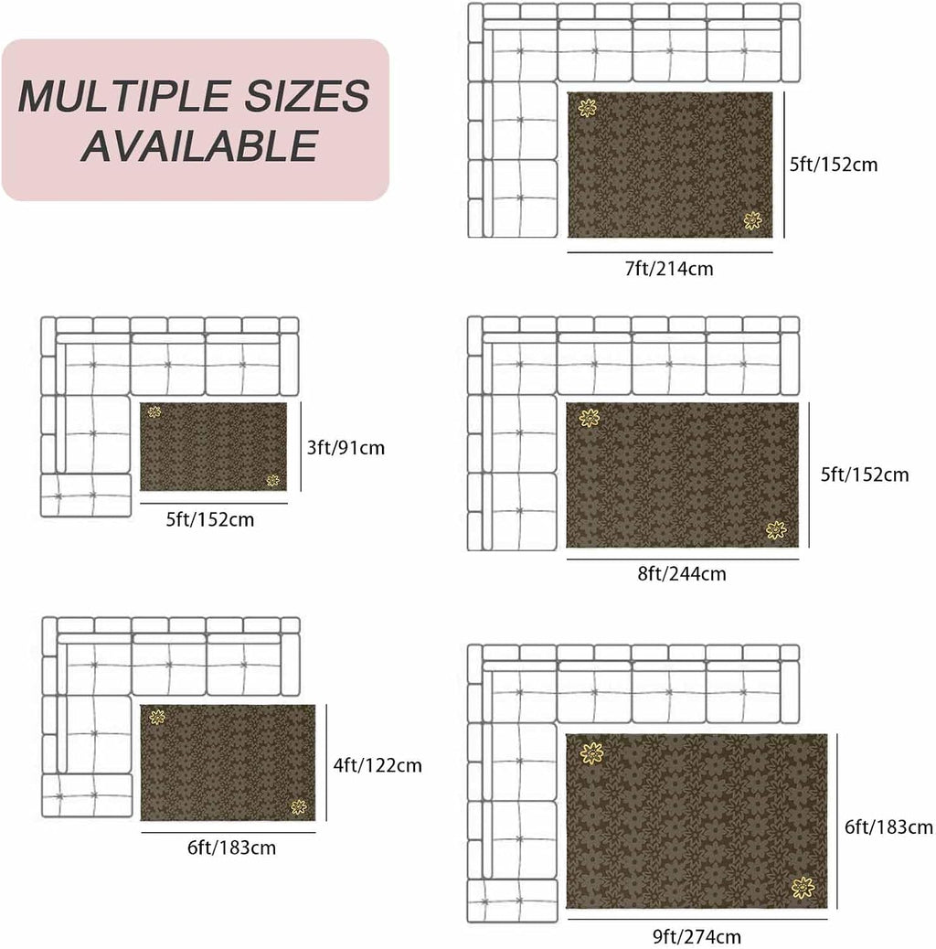 Brown Golden Floral Outdoor Rug for Patio/Deck/Porch, Non-Slip Large Area Rug 5 x 7 Ft, Modern Abstract Art Spring Flowers Indoor Outdoor Rugs Washable Area Rugs, Reversible Camping Rug Carpet Runner