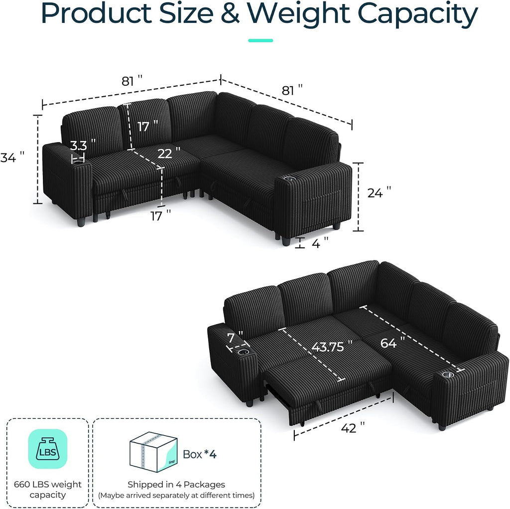 LINSY HOME Sectional Sleeper Sofa Pull Out Couches for Living Room (Black, Sleeper Sofa 2) | Pull Out Sofa Bed, Storage, USB Charging, Cup Holders, Plush Corduroy | Pull Out Sofa Bed, Storage, USB Charging, Cup Holders, Plush Corduroy