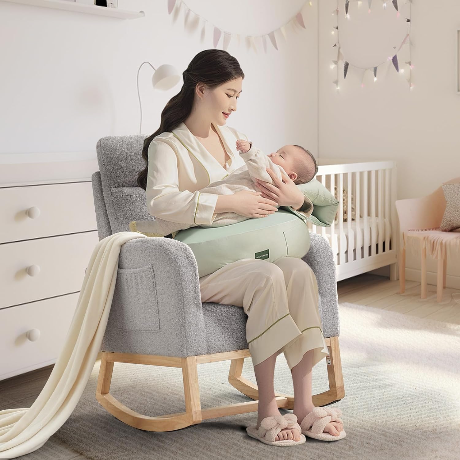 IDEALHOUSE Rocking Glider Chair for Nursery, Modern Rocking Chair, Teddy Upholstered Rocking Chair with Footrest, Rocker Glider for Living Room, Bedroom, Nursing Room