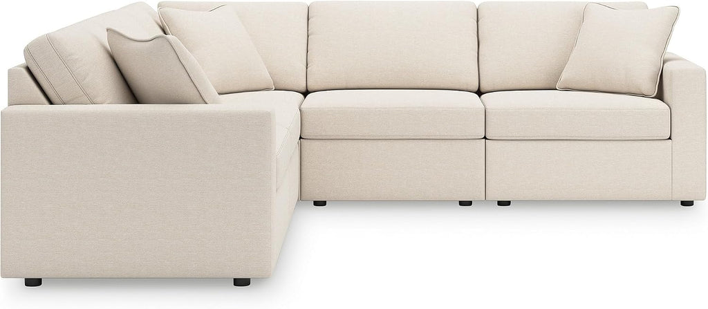 Signature Design by Ashley Modmax Contemporary Stain Resistant 5-Piece Sectional with Armrest, Throw Pillows and Reversible Cushions, Beige
