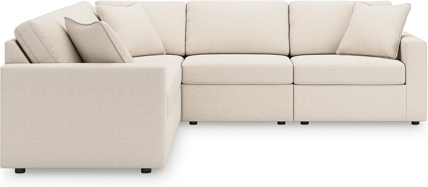 Signature Design by Ashley Modmax Contemporary Stain Resistant 5-Piece Sectional with Armrest, Throw Pillows and Reversible Cushions, Beige