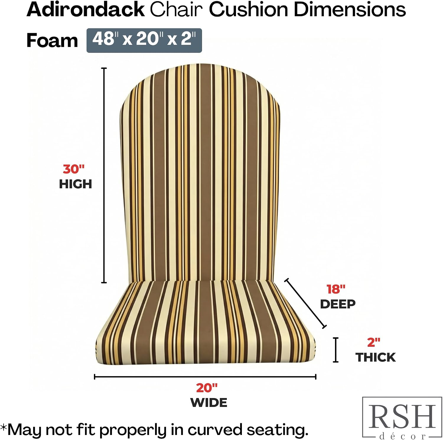 RSH DECOR: Sunbrella Foam Adirondack Chair Cushion | 48' x 20' x 2' | Performance Fabric | Water & Fade-Resistant | Outdoor Cushion for Patio Chairs | Made in USA (Anthony Praline)