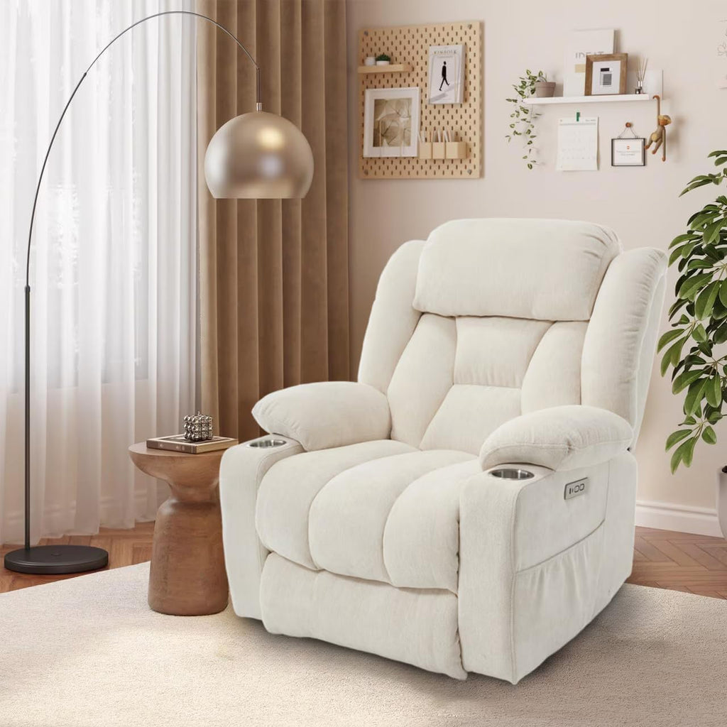 FLEXISPOT Power Lift Recliner Chair with Massage & Heat, Single Motor Lift Chair, Chenille Fabric Upholstery, USB/Type-C, Cup Holders, Side Pockets, Beige