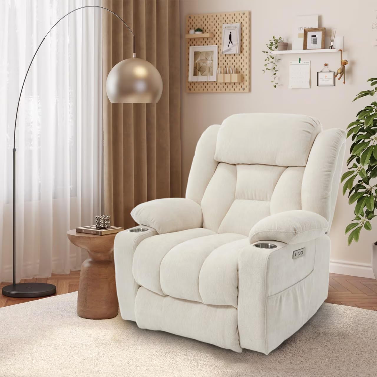 FLEXISPOT Power Lift Recliner Chair with Massage & Heat, Single Motor Lift Chair, Chenille Fabric Upholstery, USB/Type-C, Cup Holders, Side Pockets, Beige