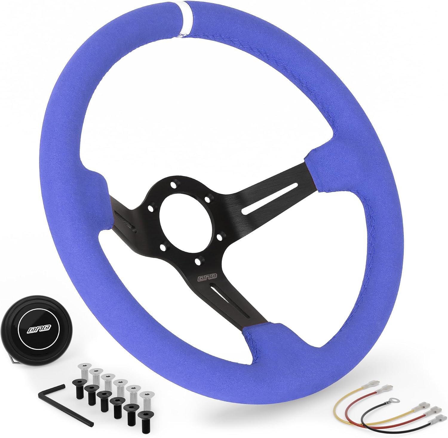 DND Performance Interior's Full Color Suede Race Wheel / 350mm Diameter and 75mm Depth / 6x70mm Bolt Pattern/Suede Racing Steering Wheel with Horn Button Included (Blue)