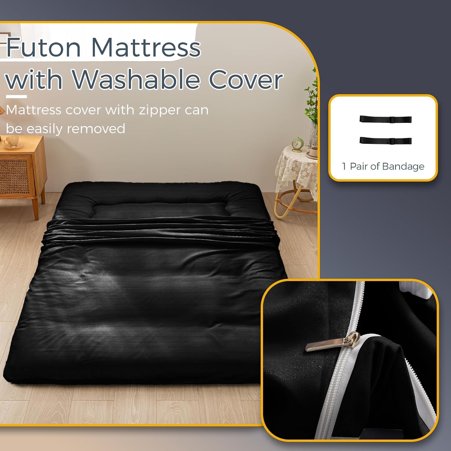 MAXYOYO 6' Extra Thick Japanese Floor Mattress Futon Mattress, Foldable Tatami Pad for Adults, Roll Up Floor Mat for Living Room Guest Room RV, Black, Full