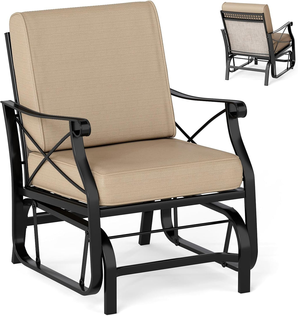 Giantex Outdoor Glider Rocking Chair, Patio Glider with Thick Removable Seat and Back Cushion, Non-Slip Foot Pads, Heavy-Duty Metal Frame, Outdoor Swing Rocking Chairs for Porch, Garden, Yard, Lawn