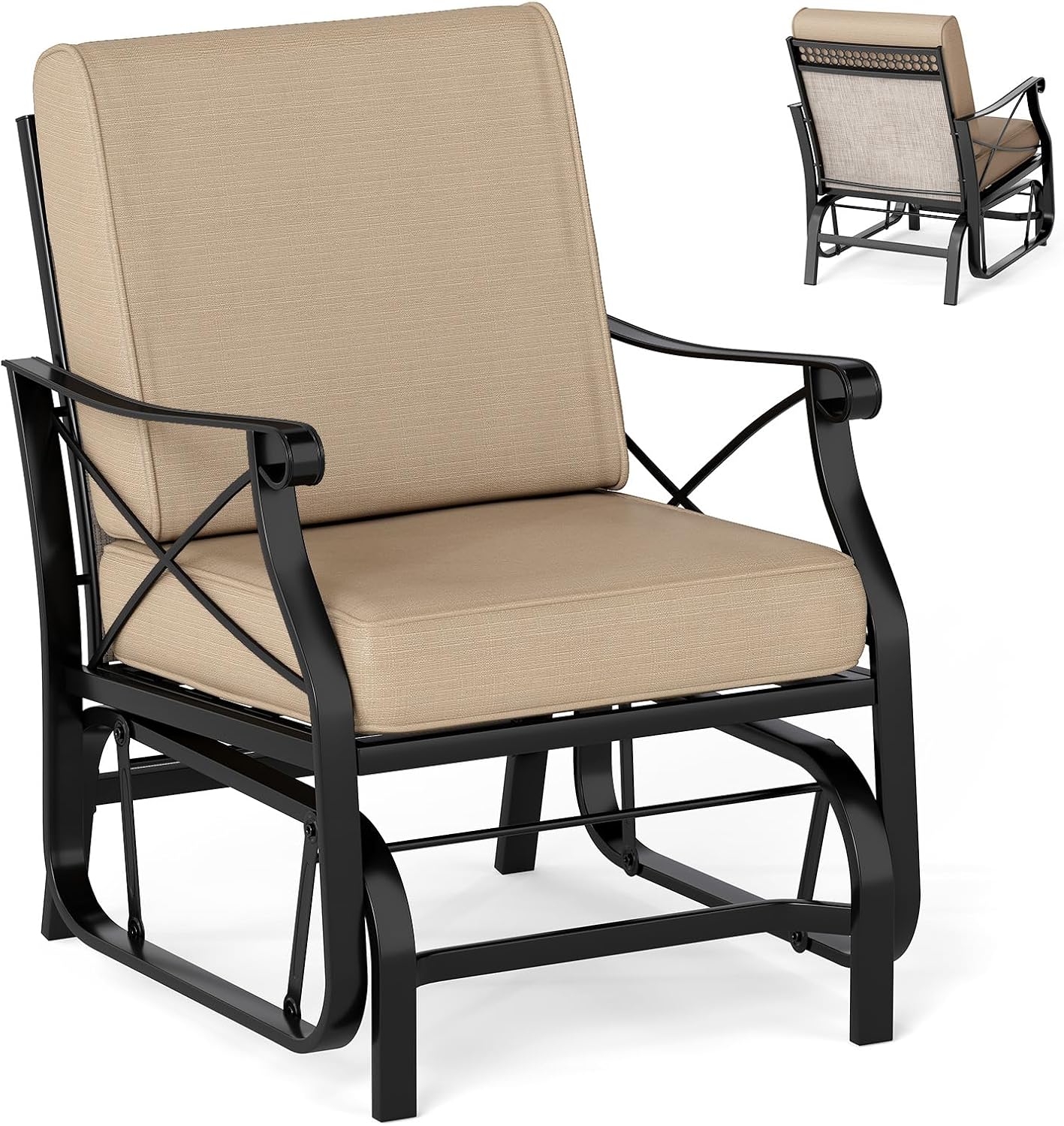 Giantex Outdoor Glider Rocking Chair, Patio Glider with Thick Removable Seat and Back Cushion, Non-Slip Foot Pads, Heavy-Duty Metal Frame, Outdoor Swing Rocking Chairs for Porch, Garden, Yard, Lawn