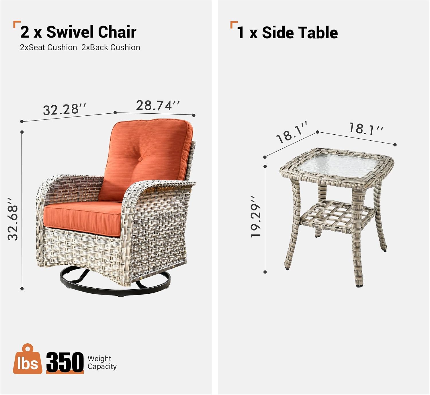 ovios Outdoor Swivel Rocking Chair Set of 3 with Coffee Table, Patio Wicker Rocker with Comfortable Thicken Deep Seating, Comfy Rattan Glider Chairs for Porch Deck Balcony Garden Backyard, Orange