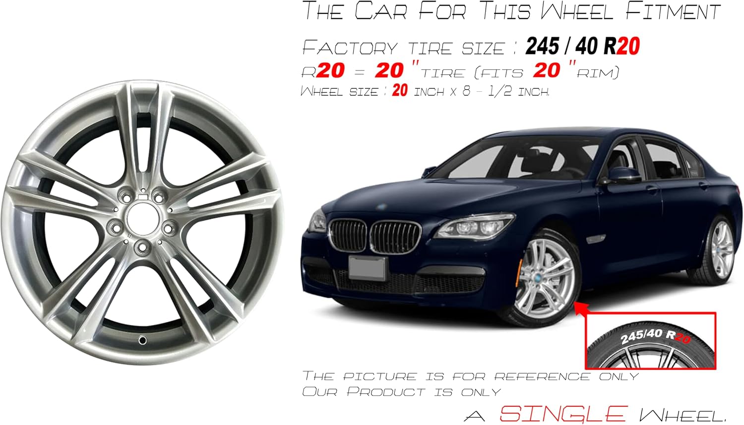 New Single 20' 20x8.5 Front Alloy Wheel For BMW 5-Series 7-Series 2009-2017 Silver OEM Design Replacement Rim