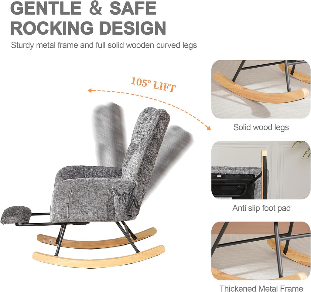 Rocking Chair Nursery with Airbag, Comfy Modern Nursery Rocking Reading Chair indoor with Footrest, Cozy Upholstered Glider Rocker Chairs for Living Room Bedroom Offices(Chenille, Dark Grey)
